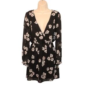 Express Y2K Black White Floral Babydoll Long Sleeve V-Neck Mini Dress XS